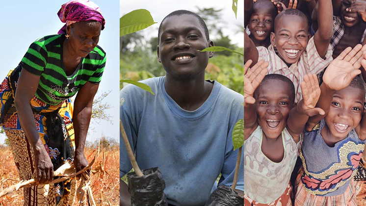 Mujer y hombre agricultores y niños sonriendo